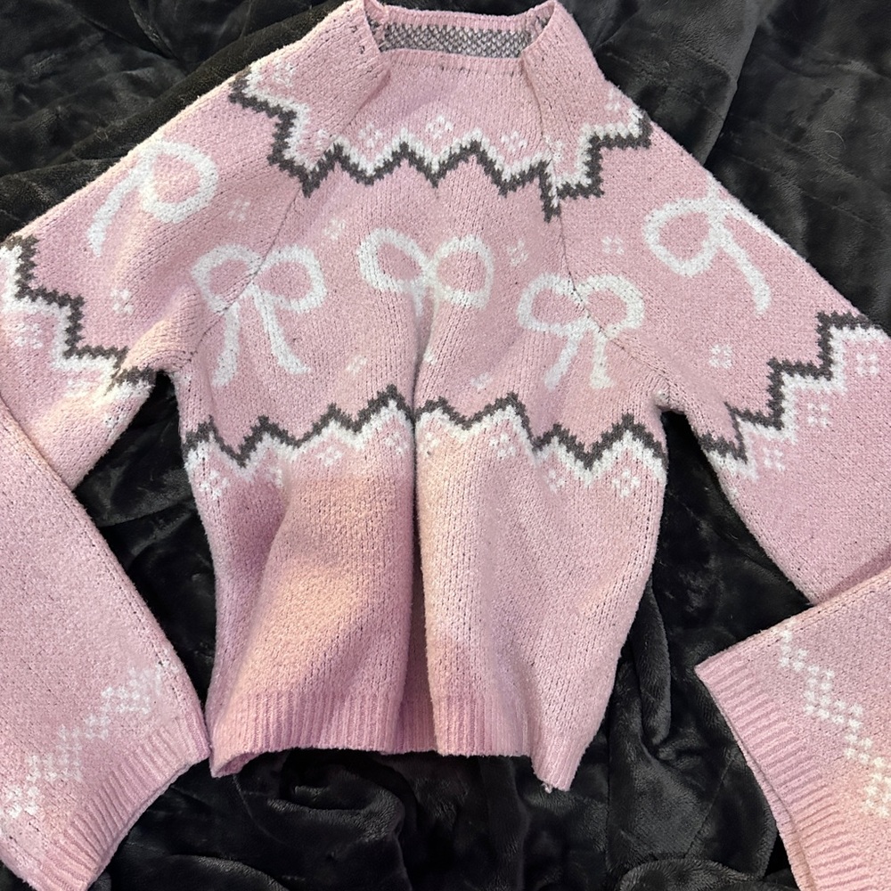 No Boundaries Pink and White Crew Neck Sweater with Bow Design